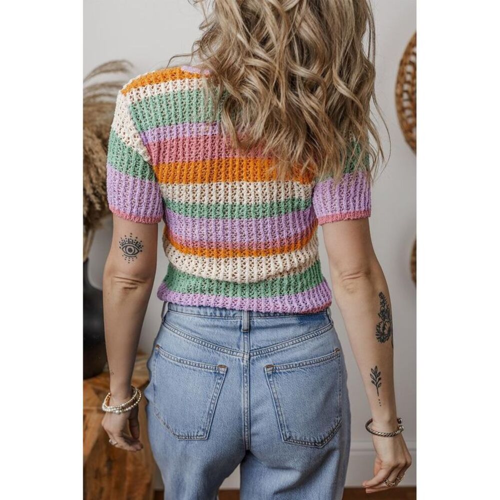 Everyday the Label Contrast Striped V Neck Short Sleeve Pointelle Knit Top Women - Picture 2 of 3
